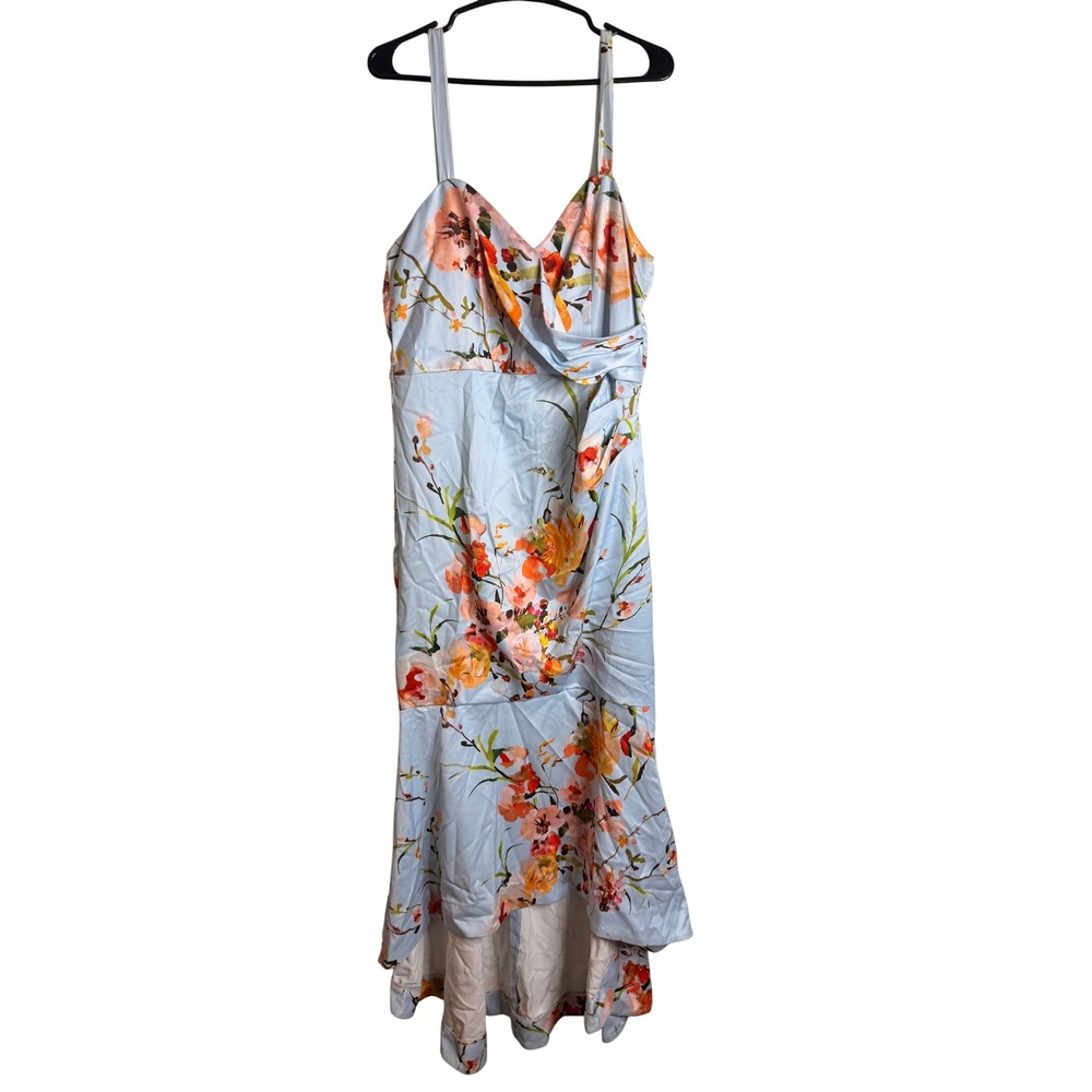 Parker Black 8 Blue Floral Satin Asymmetrical HighLow Mermaid Ruffle Gown Dress